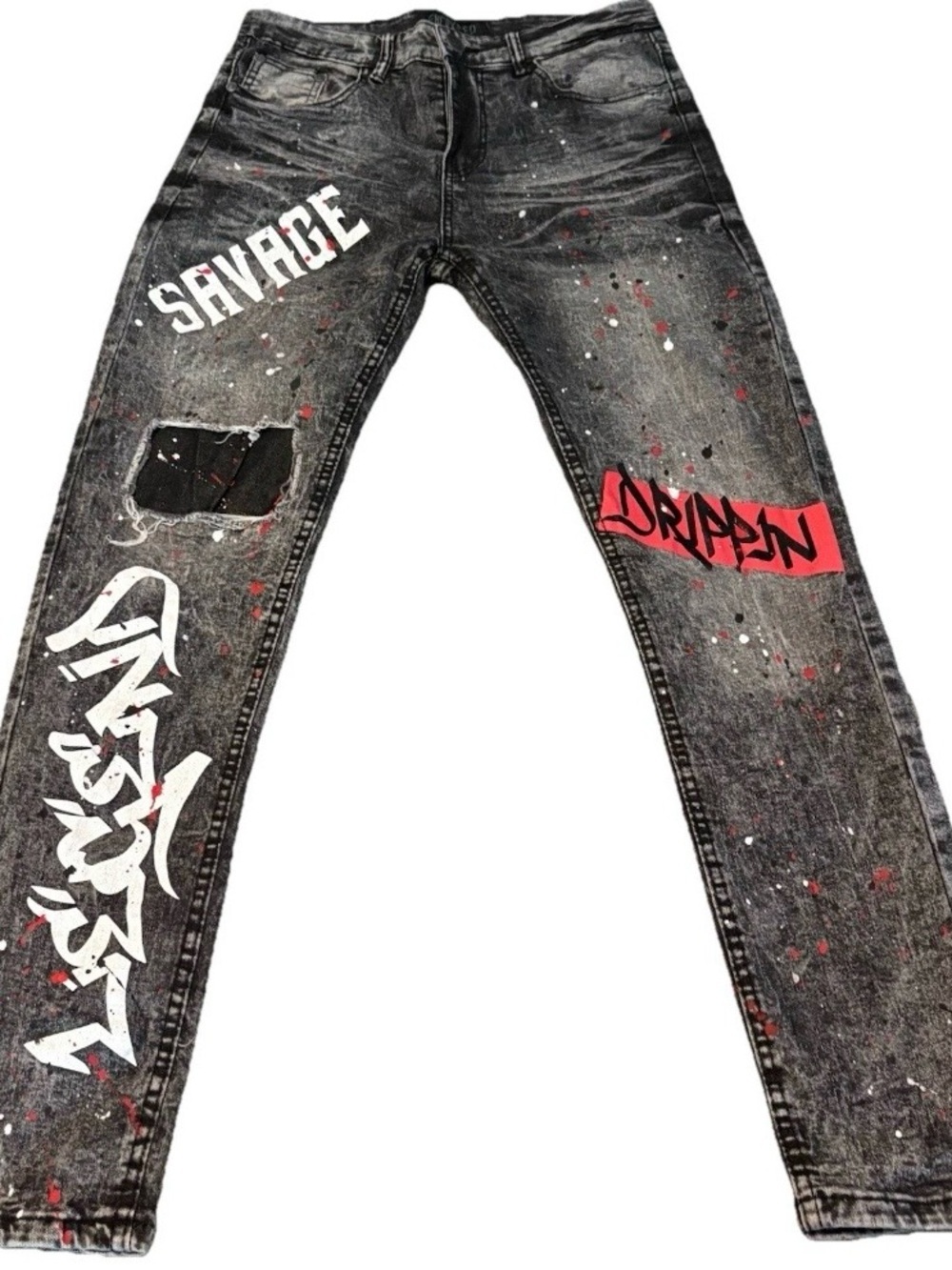 ENCRYTED Men's Moto Stretch Jeans Black Acid/Dark Wash Splatter 30x30